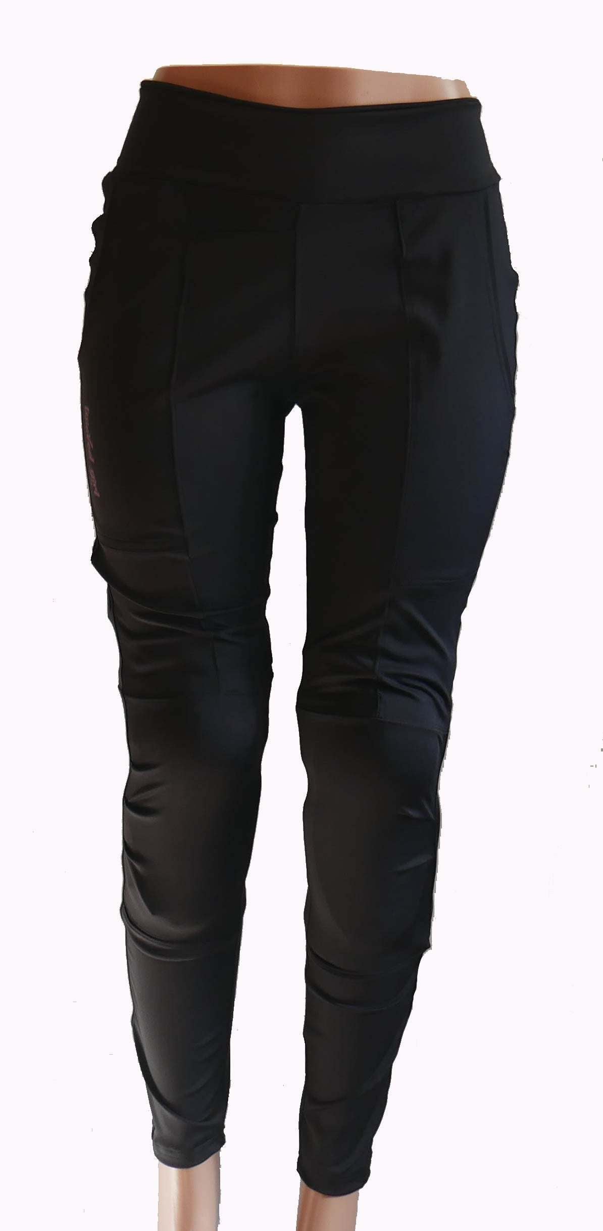 Black women's bike pants with large front pockets and side cell pocket, featuring 4-way stretch and moisture-wicking fabric for comfort and durability.